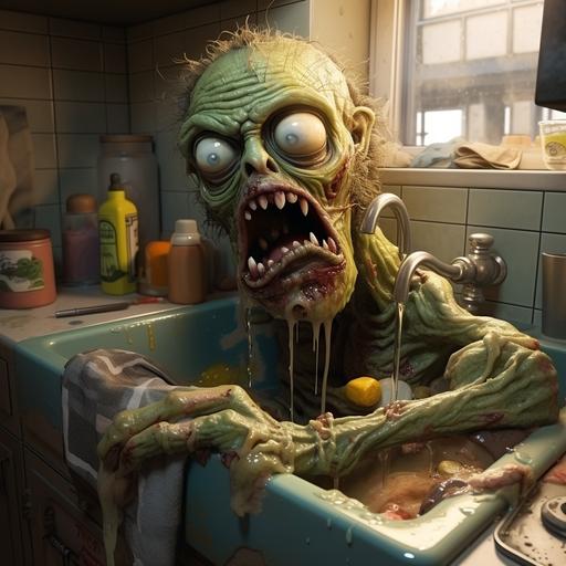 zombie sink, silly cartoon, kitchen sink, zombified kitchen sink, zombified farm sink, cartoon character, enormous head, countertop arms