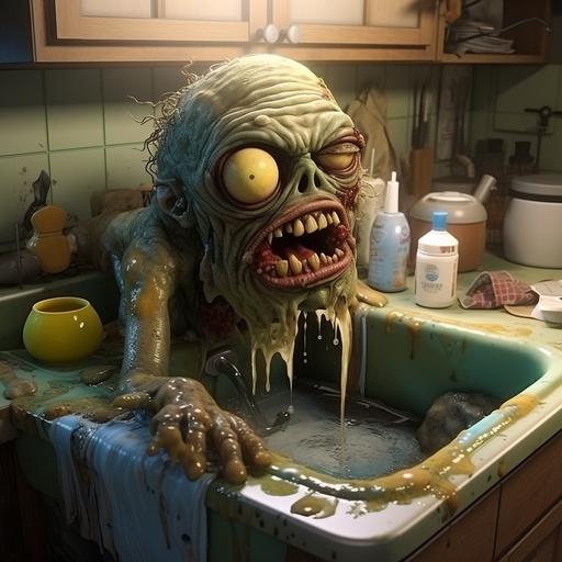 zombie sink, silly cartoon, kitchen sink, zombified kitchen sink, zombified farm sink, cartoon character, enormous head, countertop arms