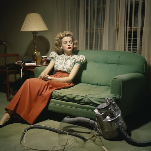zombie vacuuming the floor, photograph, woman relaxing on couch, 1950s, color