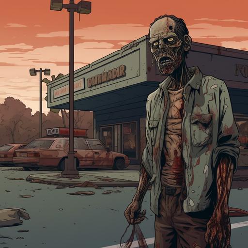zombied man next to a gas station, cartoon but realistic