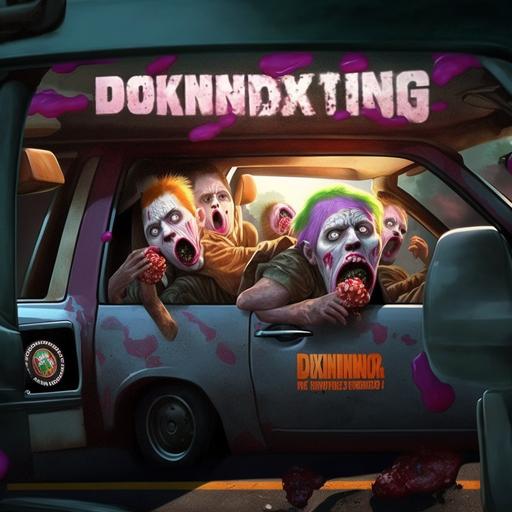 zombies working Dunkin Donuts drive through, drooling