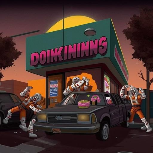 zombies working Dunkin Donuts drive through, spell 