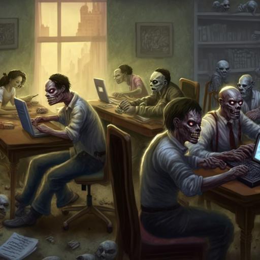 zombies working on laptops in a coworking space --v 4