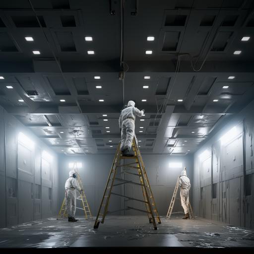 zoom in, no sky, dark space, matte walls and ceilding, cement walls, no pointed, a cleanroom worker wearing cleanroom suites, with safety helmet, holding a wrench on right hand, sat on ladder top to tighten a bolt from middle of ceiling and higher, surround by thicker cement square poles which are higher, there are not windows, basement inside, no sky, no outside views, only two very small lights.