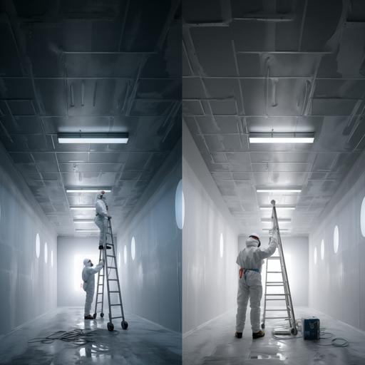 zoom in, no sky, dark space, matte walls and ceiling, cement walls, no pointed, a cleanroom worker wearing cleanroom suites, with safety helmet, right hand higher, holding a wrench on right hand, sat on ladder top to tighten a bolt from middle of ceiling and higher, surround by thicker cement square poles which are higher, there are not windows, basement inside, no sky, no outside views, only two very small lights.