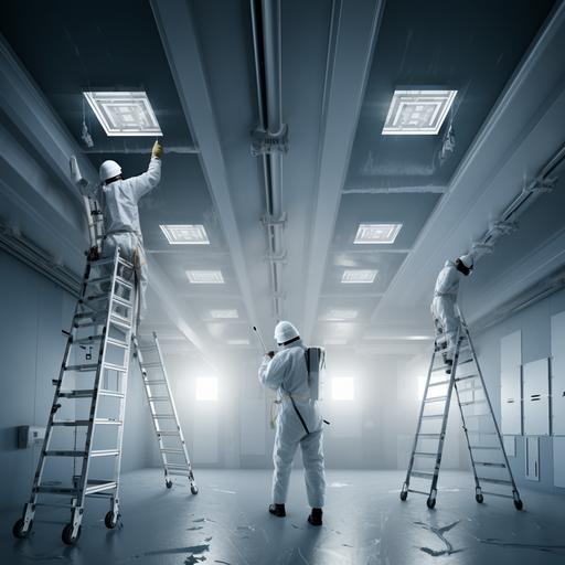 zoom in, no sky, dark space, matte walls and ceiling, cement walls, no pointed, a cleanroom worker wearing cleanroom suites, with safety helmet, right hand up and higher, holding a wrench on right hand, sat on ladder top to tighten a bolt from middle of ceiling and higher, surround by thicker cement square poles which are higher, there are not windows, basement inside, no sky, no outside views, only two very small lights.