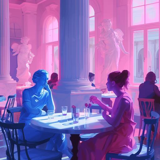 zoomed out looking out over a bunch of tables in the foreground a vivid pink marble statue of a woman is sitting across the table flirting with a vivid blue marble statue of a man while a white a prominent white marbel statue of cupid perches in one corner in the background are other pink and blue statues also sitting at tables dating in the cozy cafe, character concept art, pure colours, high contrast, speed dating event --v 6.0