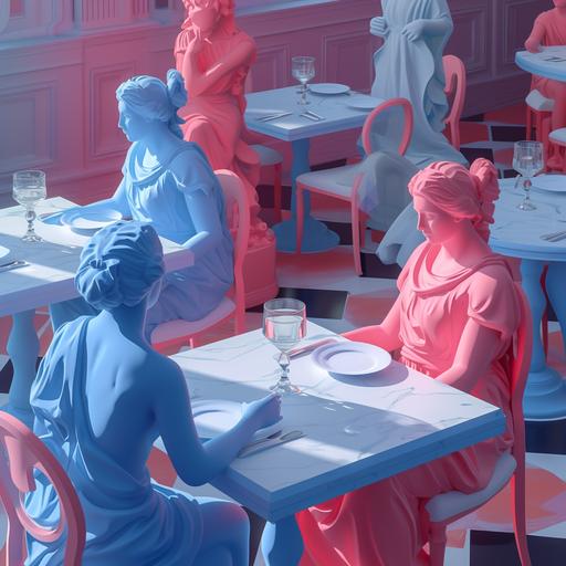 zoomed out looking out over a bunch of tables in the foreground a vivid pink marble statue of a woman is sitting across the table flirting with a vivid blue marble statue of a man while a white a prominent white marbel statue of cupid perches in one corner in the background are other pink and blue statues also sitting at tables dating in the cozy cafe, character concept art, pure colours, high contrast, speed dating event --v 6.0