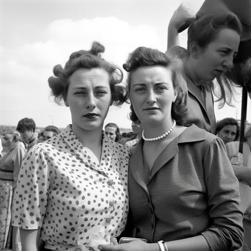 zwart wit foto uit 1958 met twee vrouwen. Een vrouw frontaal in beeld, ze kijken in de camera, de andere vrouw staat achter haar en legt een hand op haar schouder. Een vrouw buiten beeld raakt de schouder van de vrouw die vooraan staat. --v 5